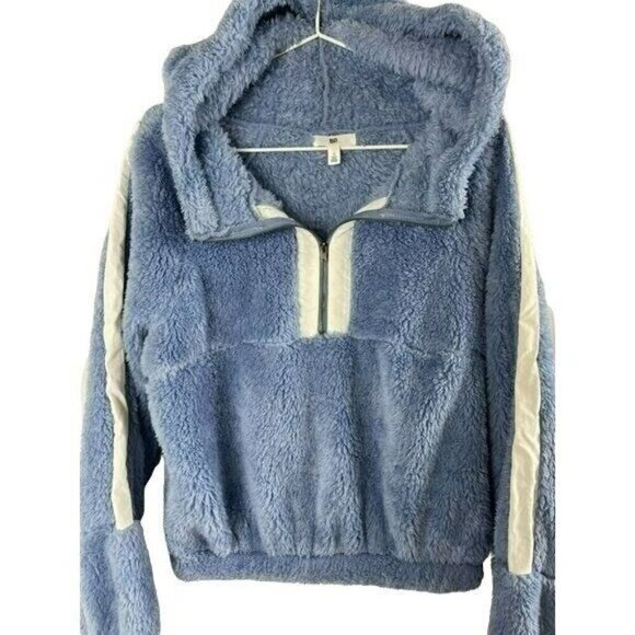 BP Womens Fuzzy Hooded Pullover Sweatshirt Blue & White Size S - Picture 3 of 8